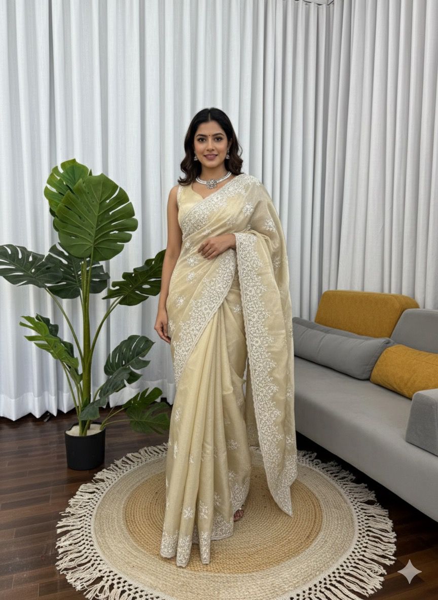 ✨ “Designer Jimmy Chu Saree with Coding & Thread Work and Unstitched Blouse” ✨