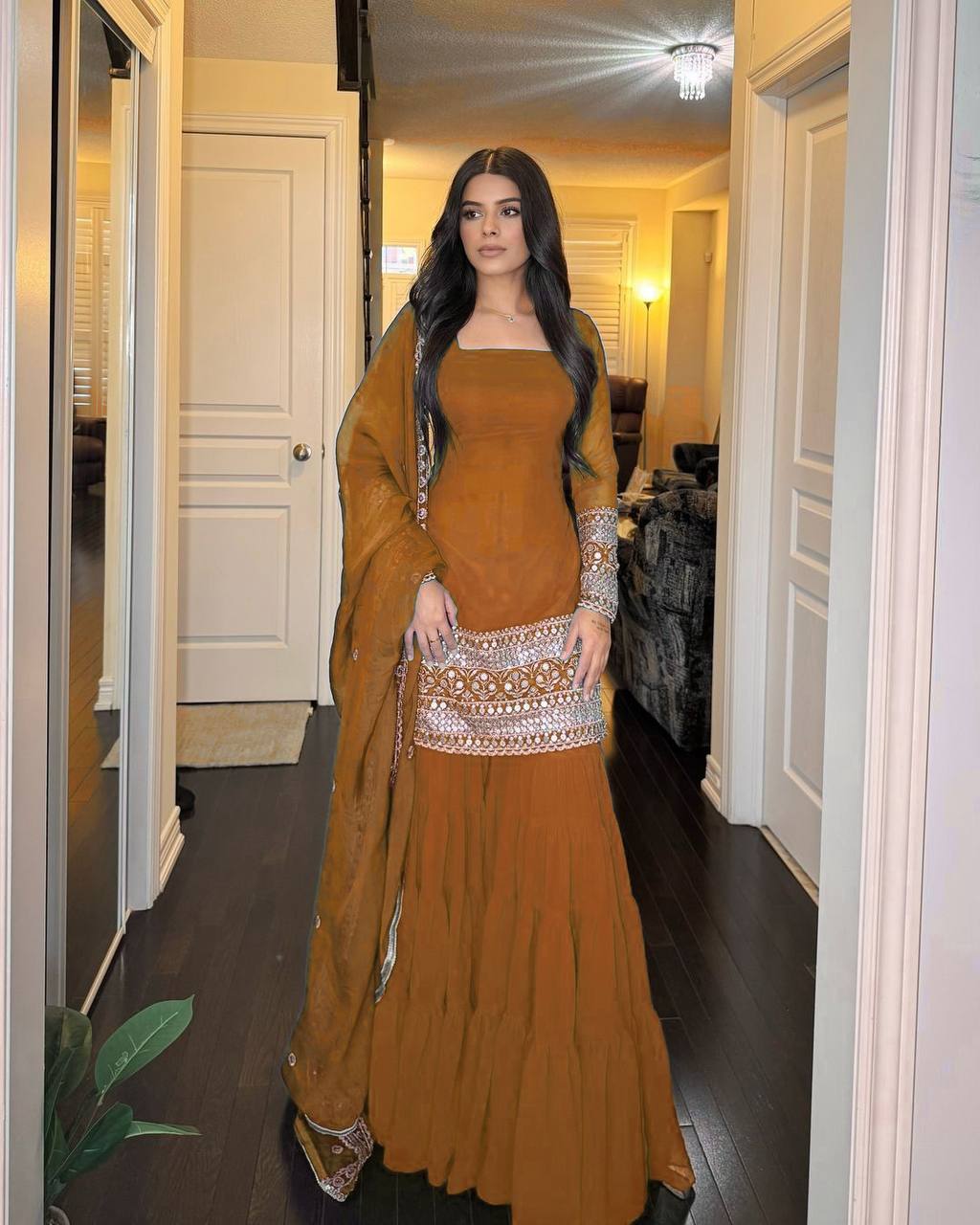 Elegant Faux Georgette Sharara Set with Embroidered Dupatta