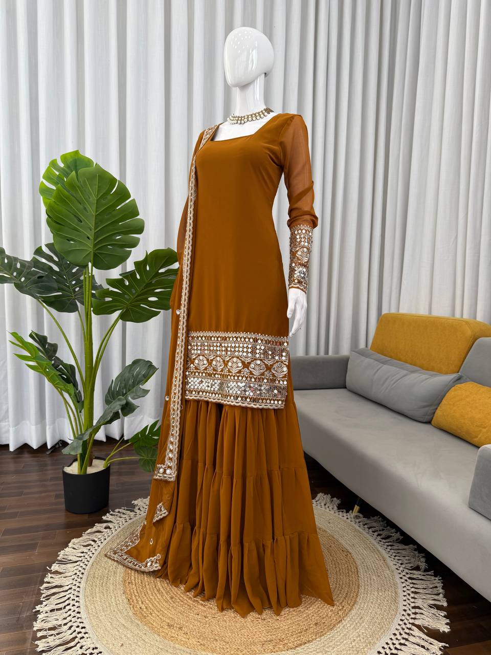 Elegant Faux Georgette Sharara Set with Embroidered Dupatta