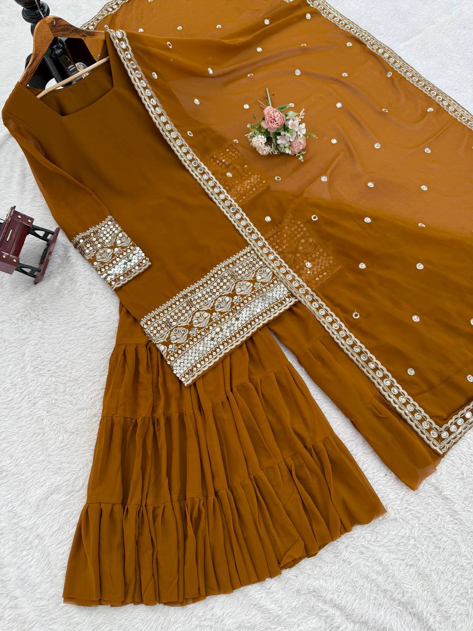 Elegant Faux Georgette Sharara Set with Embroidered Dupatta