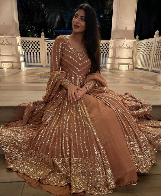 Cofee colour Graceful Faux Georgette Lehenga Choli Set with Sequins Work