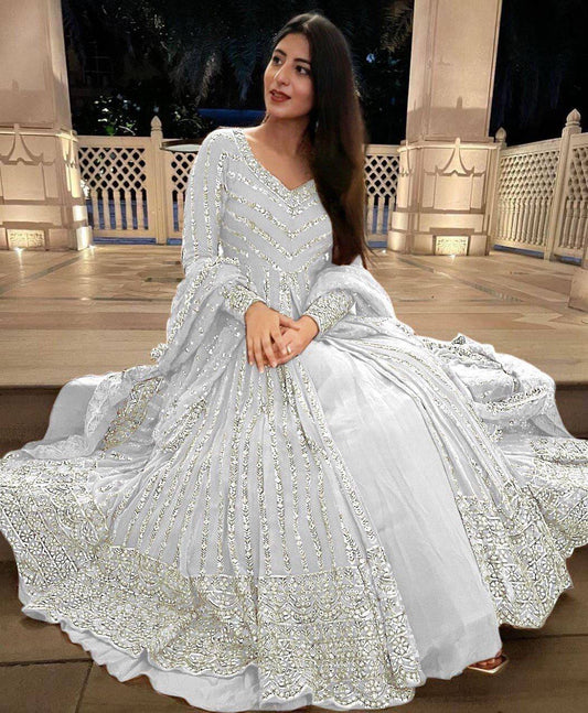 White colour Graceful Faux Georgette Lehenga Choli Set with Sequins Work