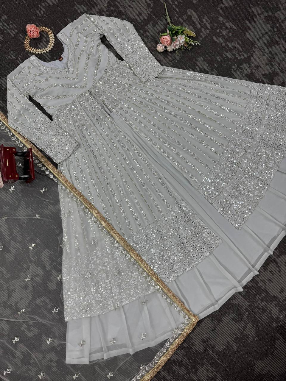 White colour Graceful Faux Georgette Lehenga Choli Set with Sequins Work