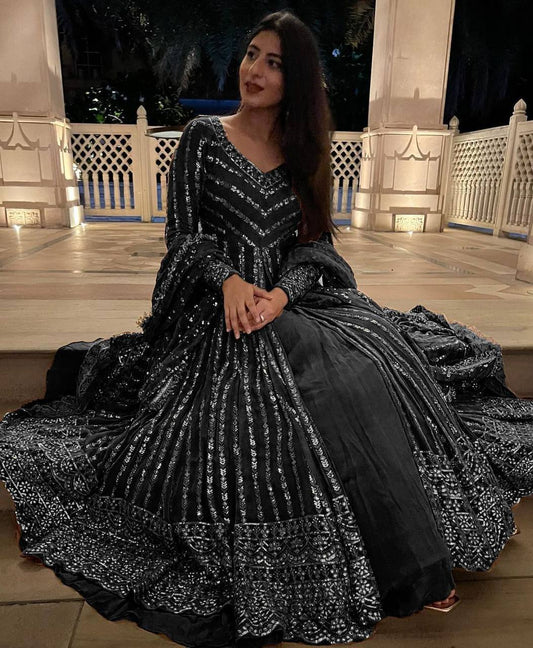 Black colour Graceful Faux Georgette Lehenga Choli Set with Sequins Work