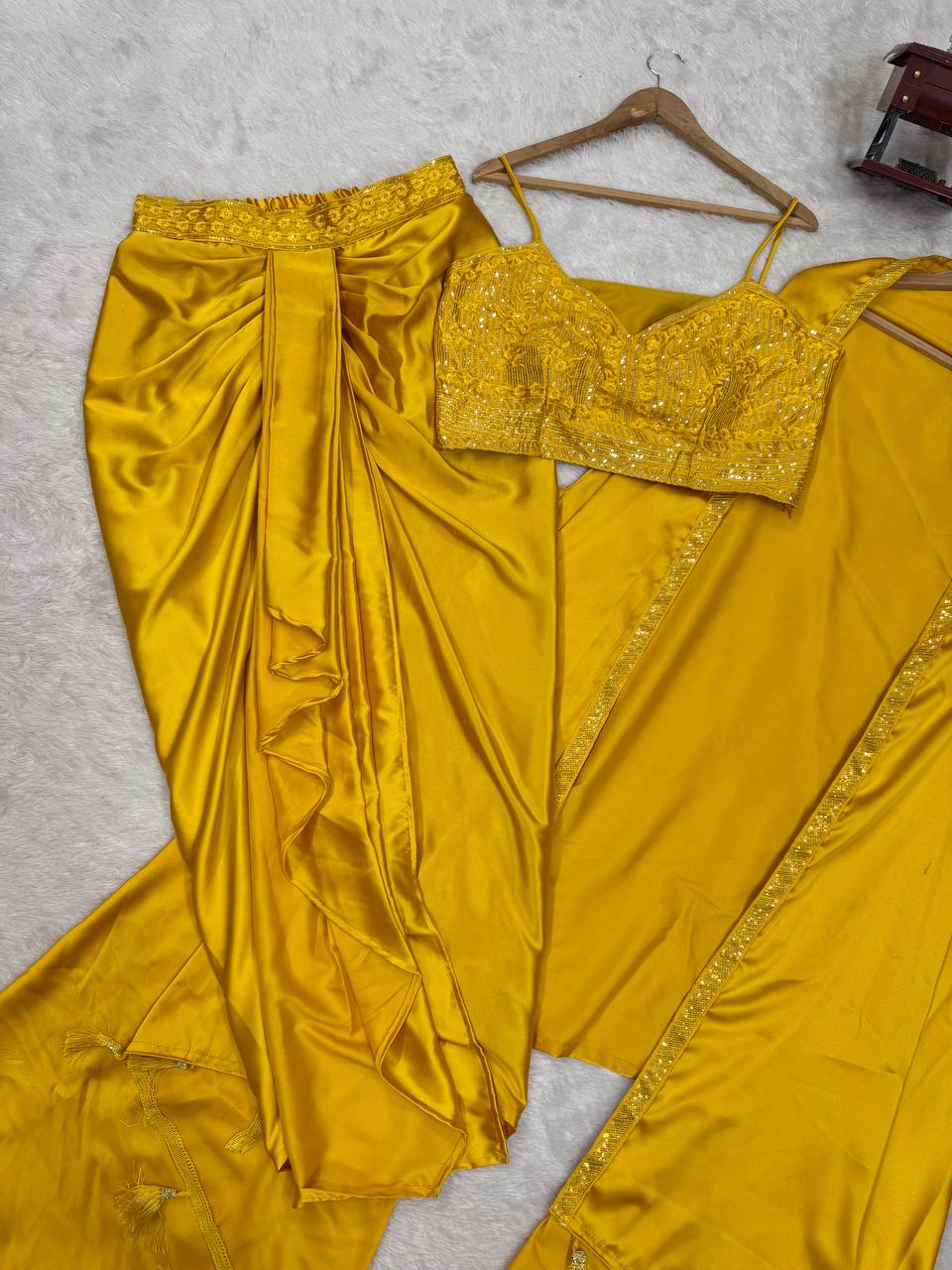 Ready-to-Wear Dhoti Style Set with Shrug & Unstitched Choli