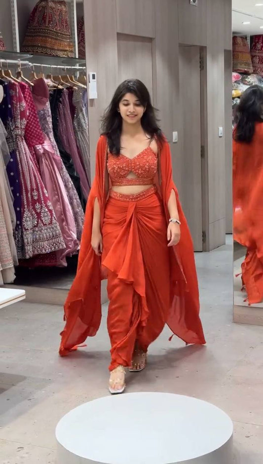 Ready-to-Wear Dhoti Style Set with Shrug & Unstitched Choli
