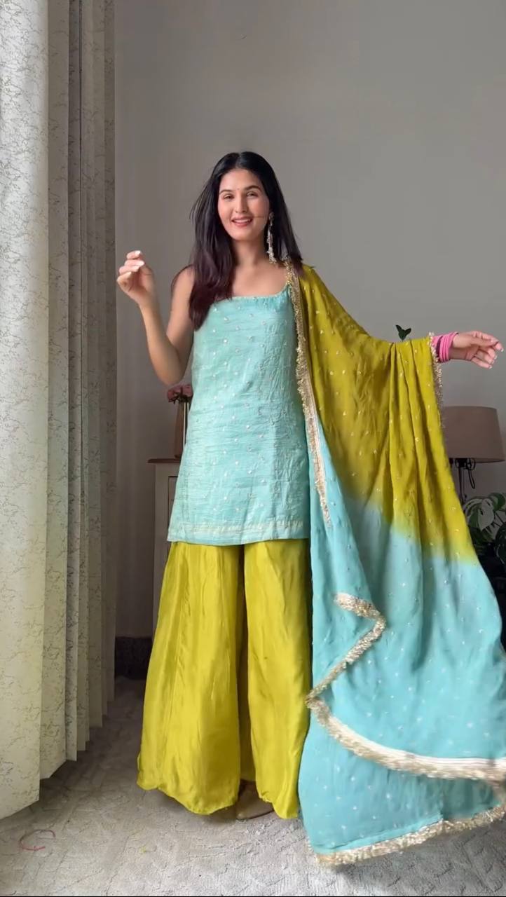 Designer Chinon Silk Suit with Plazo & Dupatta