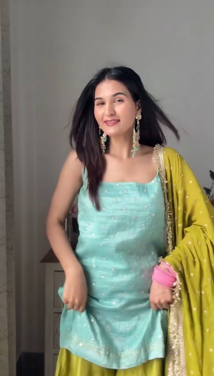 Designer Chinon Silk Suit with Plazo & Dupatta