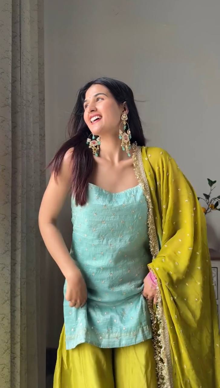 Designer Chinon Silk Suit with Plazo & Dupatta