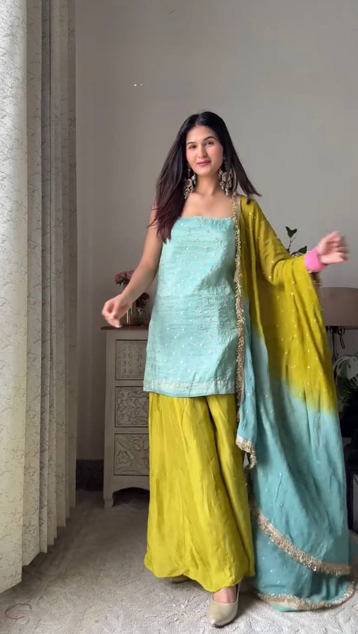 Designer Chinon Silk Suit with Plazo & Dupatta