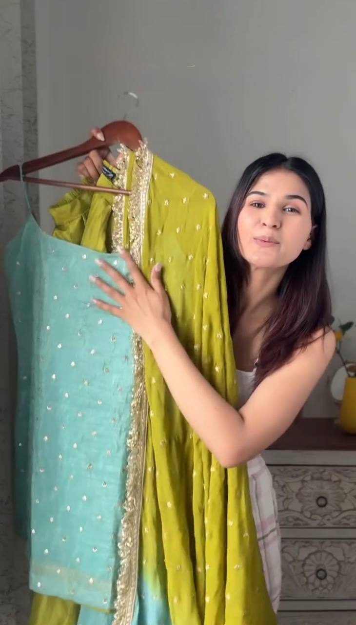 Designer Chinon Silk Suit with Plazo & Dupatta