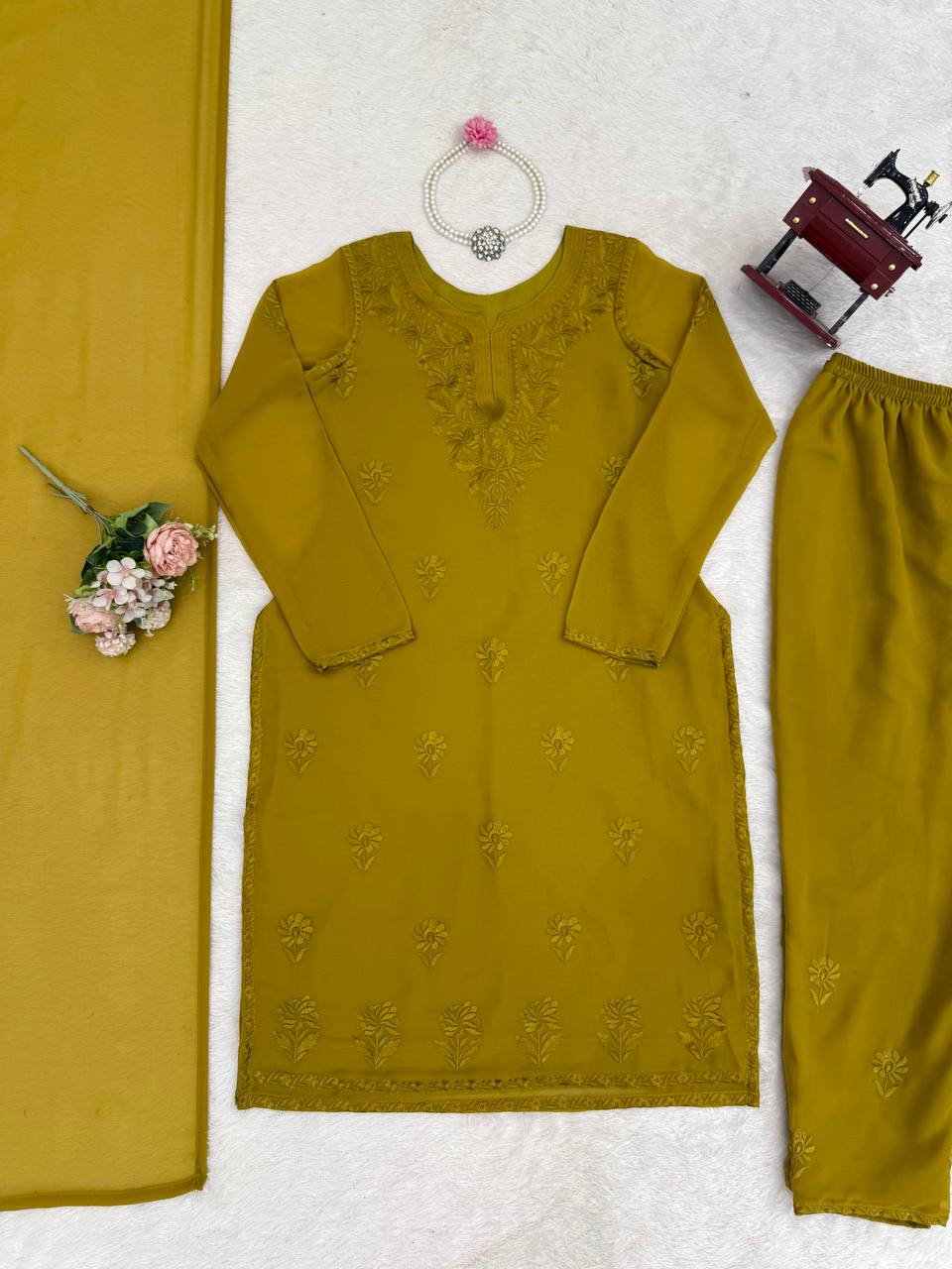Premium Designer Foux Georgette 3-Piece Set with Intricate Thread Work, Elegant Pant & Lace Bordered Dupatta