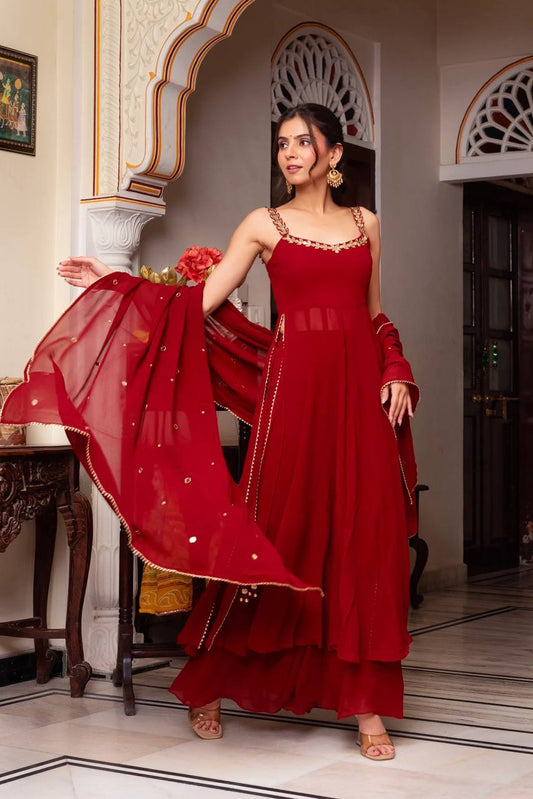 Red Designer Faux Georgette 3-Piece Plazo Set with Real Mirror Handwork (Lightweight | Style Elegance)