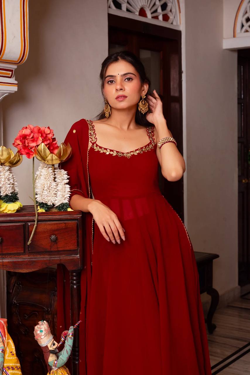 Red Designer Faux Georgette 3-Piece Plazo Set with Real Mirror Handwork (Lightweight | Style Elegance)