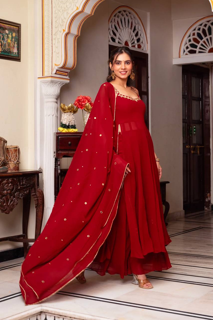 Red Designer Faux Georgette 3-Piece Plazo Set with Real Mirror Handwork (Lightweight | Style Elegance)