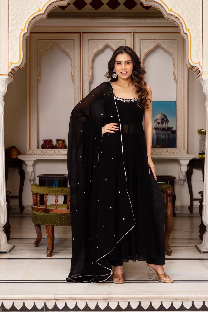 Designer Faux Georgette 3-Piece Plazo Set with Real Mirror Handwork (Lightweight | Style Elegance)