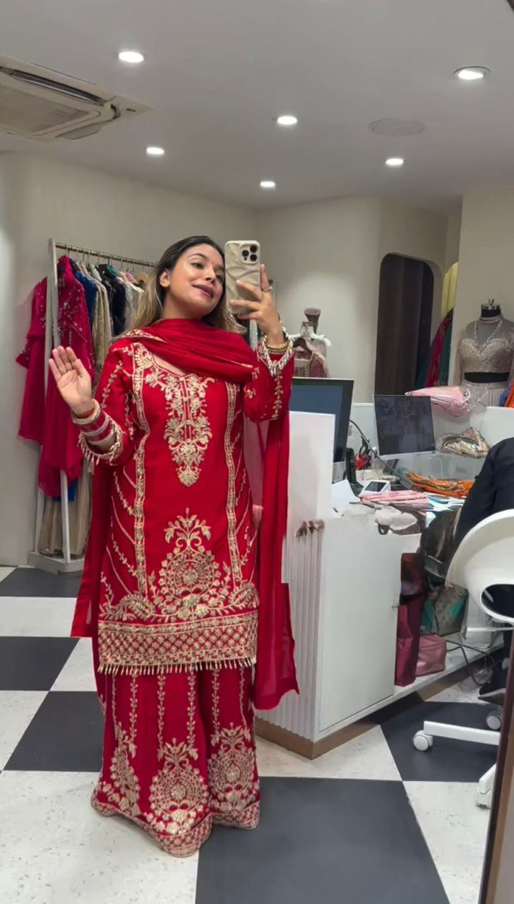 Luxury Chinon Silk Sharara Set with Thread & Sequin Embroidery