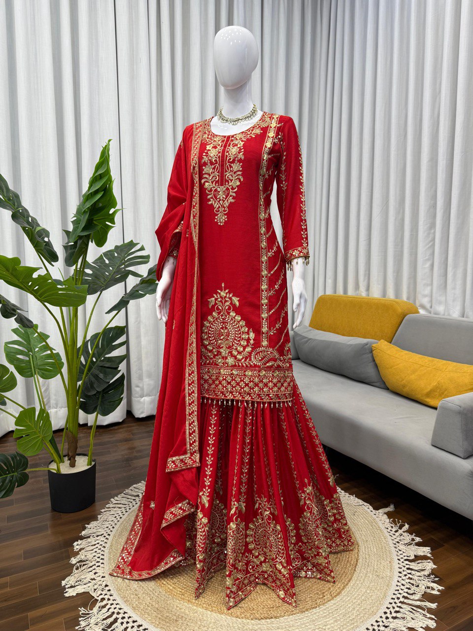 Luxury Chinon Silk Sharara Set with Thread & Sequin Embroidery