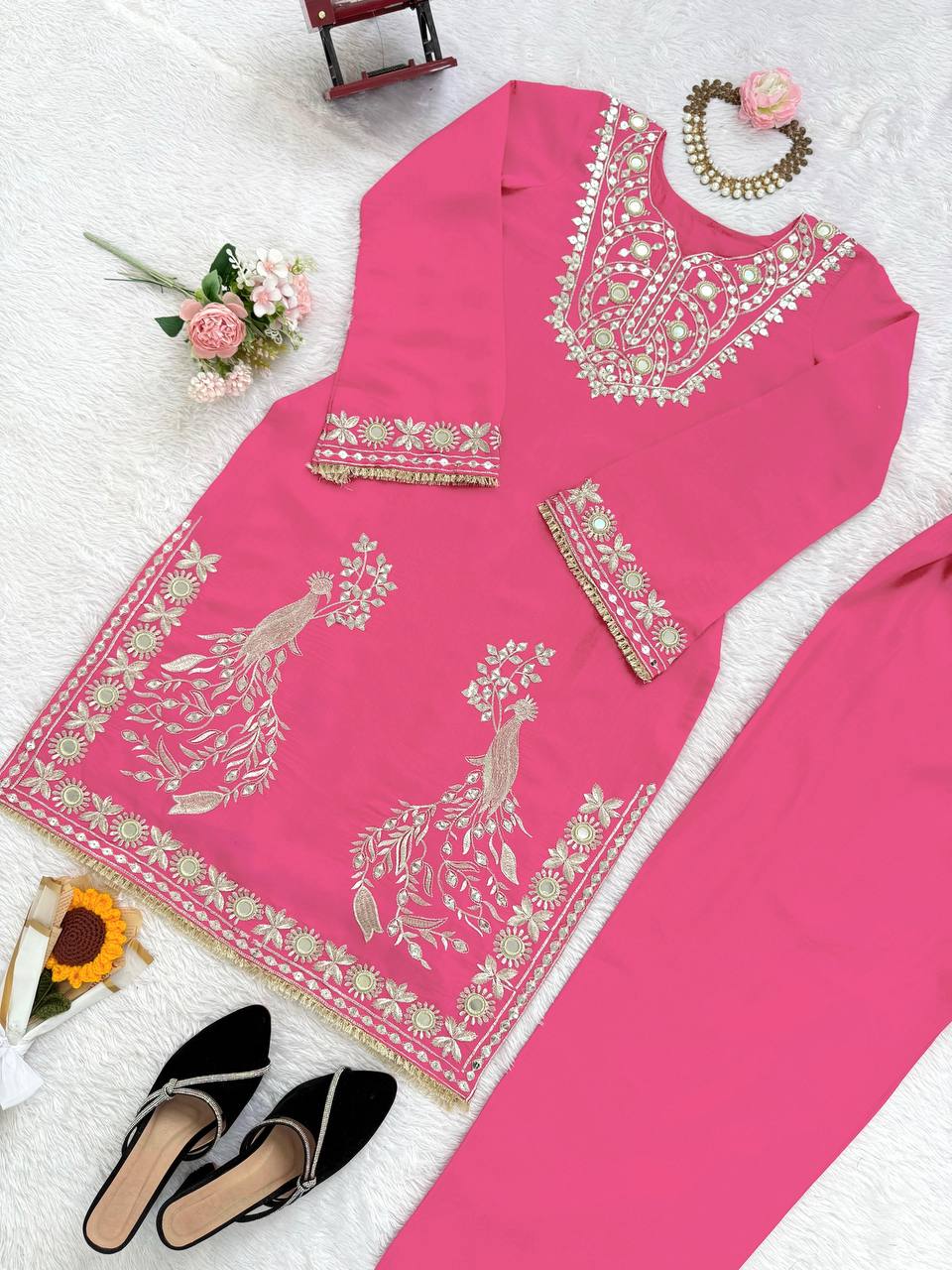 Designer Roman Silk Sharara Set with 9mm Sequin & Mirror Embroidery (Style Elegance)
