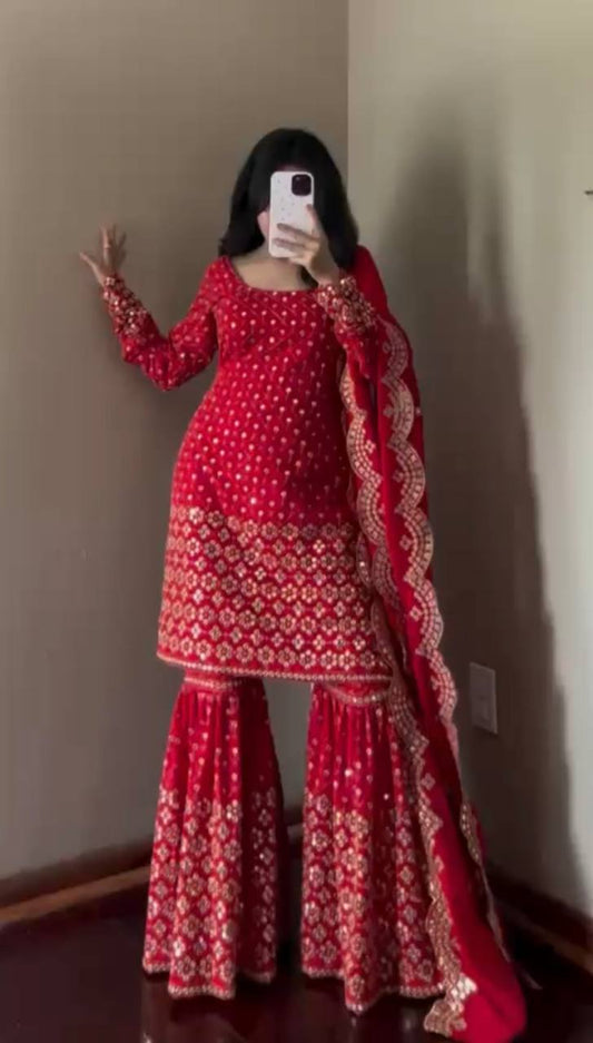 Faux Georgette Sharara Set with 9mm Sequin & Thread Work