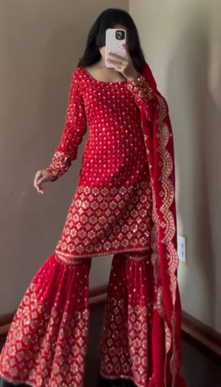 Faux Georgette Sharara Set with 9mm Sequin & Thread Work