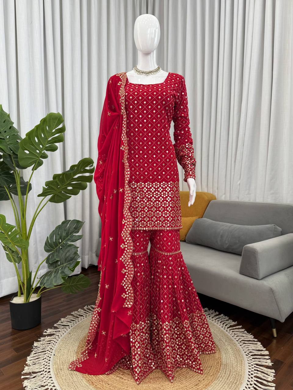 Faux Georgette Sharara Set with 9mm Sequin & Thread Work