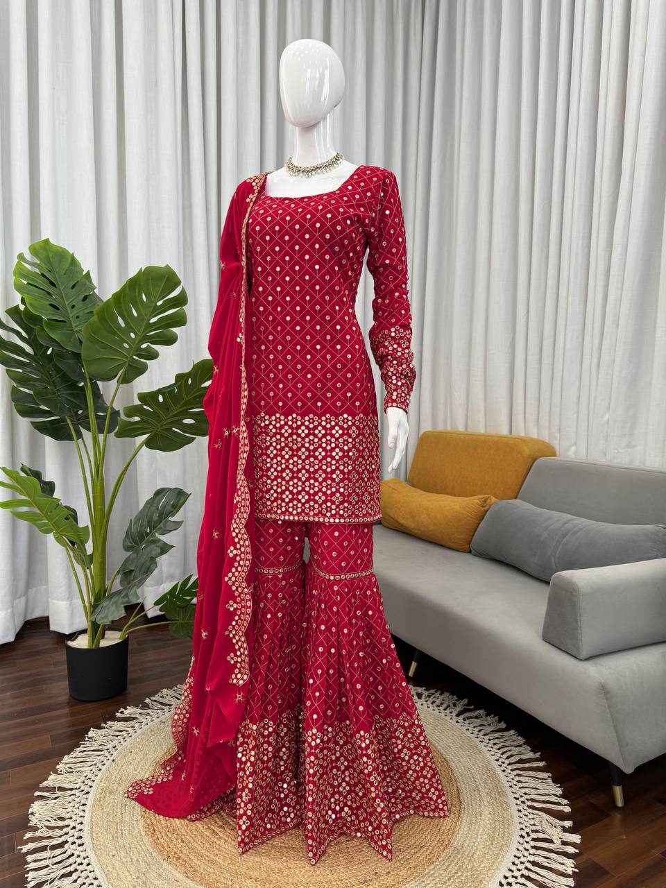 Faux Georgette Sharara Set with 9mm Sequin & Thread Work
