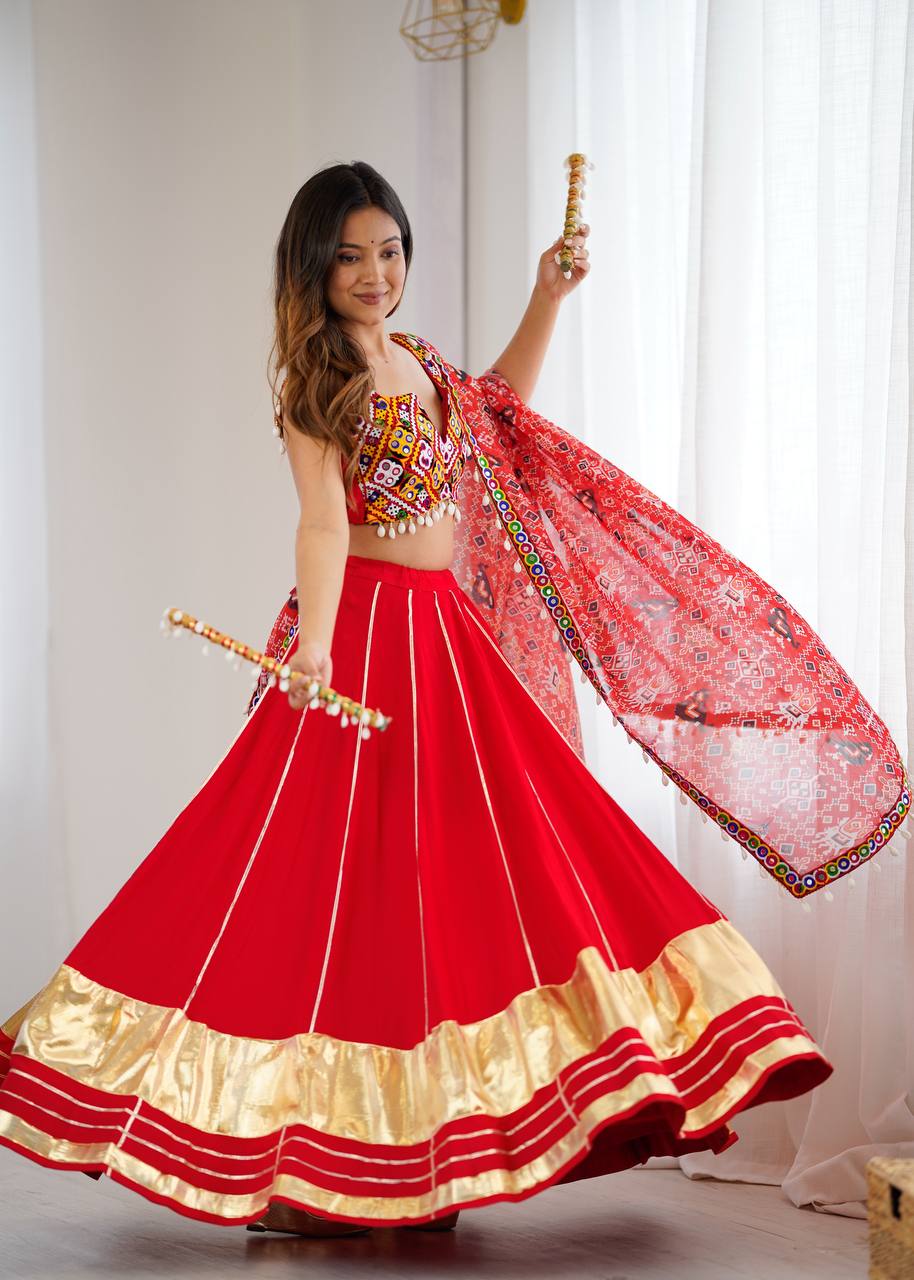 Heavy Rayon Lagdi Patta Lehenga Set with Real Mirror, Kodi & Gamthi Work | 4-Meter Flair