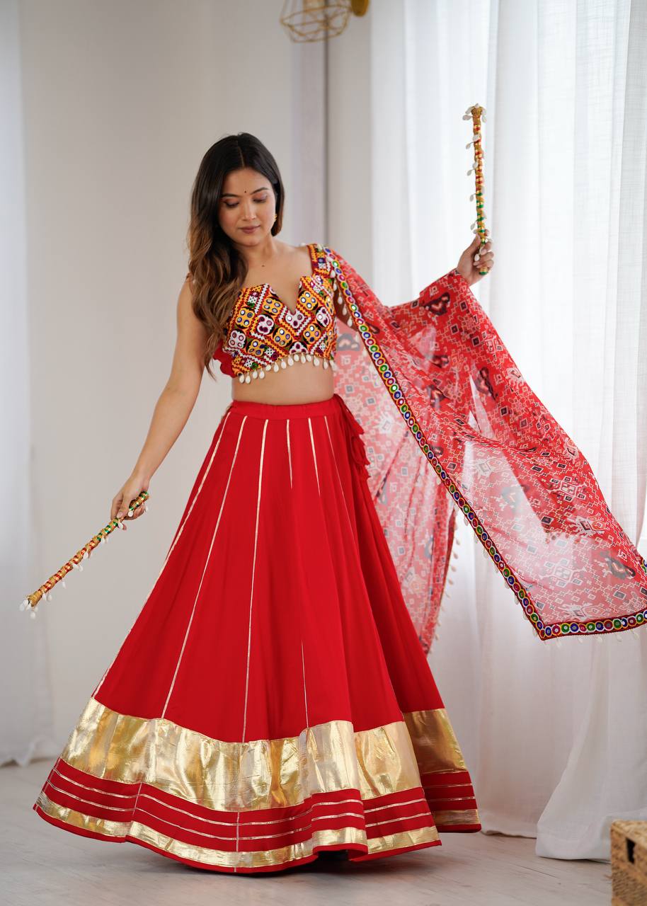 Heavy Rayon Lagdi Patta Lehenga Set with Real Mirror, Kodi & Gamthi Work | 4-Meter Flair