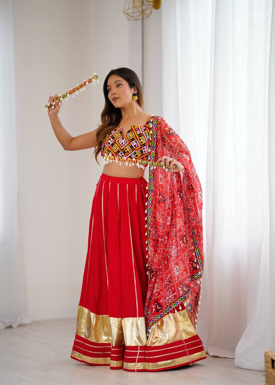 Heavy Rayon Lagdi Patta Lehenga Set with Real Mirror, Kodi & Gamthi Work | 4-Meter Flair