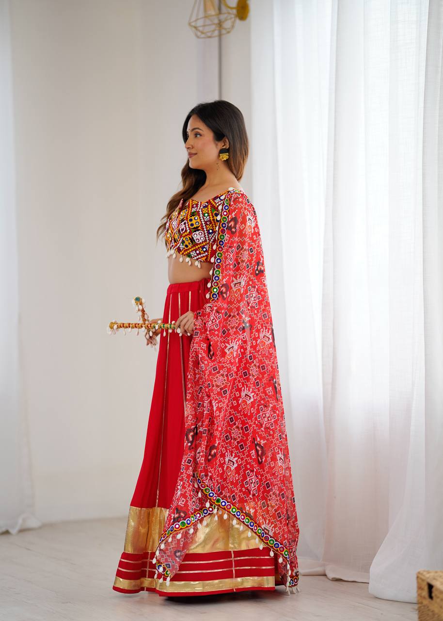 Heavy Rayon Lagdi Patta Lehenga Set with Real Mirror, Kodi & Gamthi Work | 4-Meter Flair