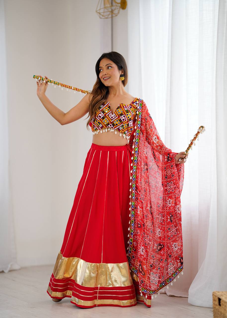 Heavy Rayon Lagdi Patta Lehenga Set with Real Mirror, Kodi & Gamthi Work | 4-Meter Flair