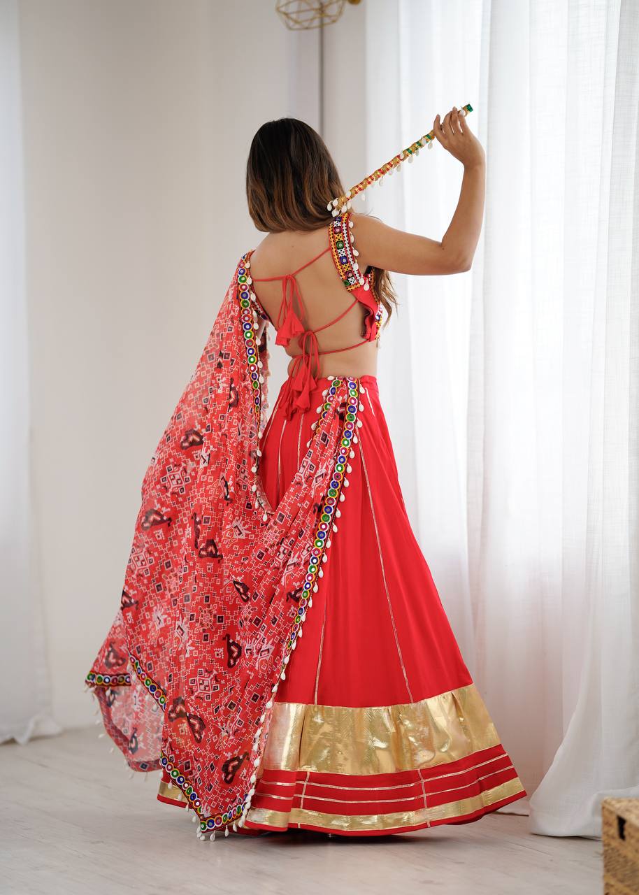 Heavy Rayon Lagdi Patta Lehenga Set with Real Mirror, Kodi & Gamthi Work | 4-Meter Flair