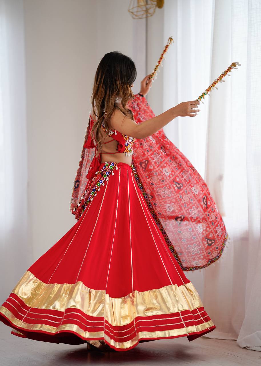 Heavy Rayon Lagdi Patta Lehenga Set with Real Mirror, Kodi & Gamthi Work | 4-Meter Flair