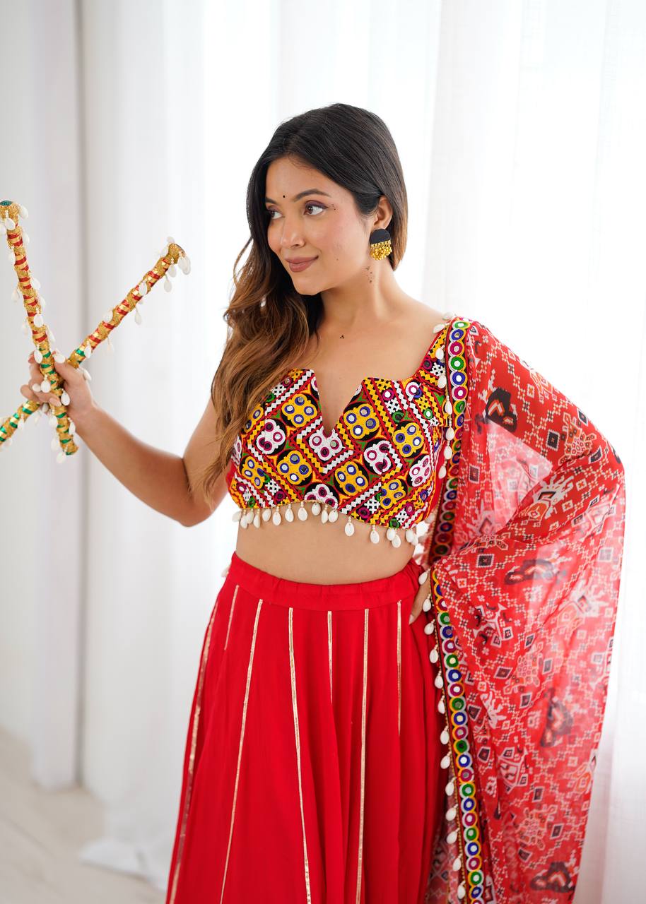 Heavy Rayon Lagdi Patta Lehenga Set with Real Mirror, Kodi & Gamthi Work | 4-Meter Flair