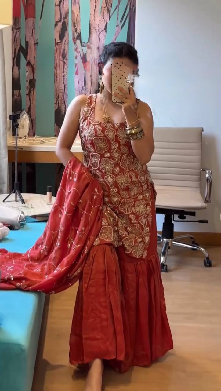 ✨ Traditional Red Sharara Suit with Handwork