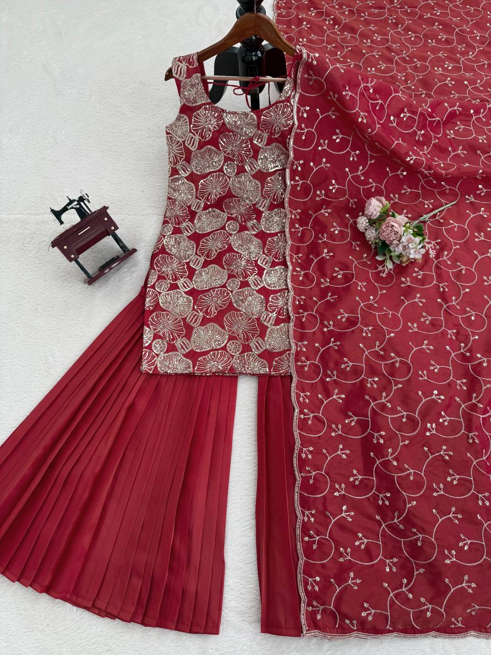✨ Traditional Red Sharara Suit with Handwork