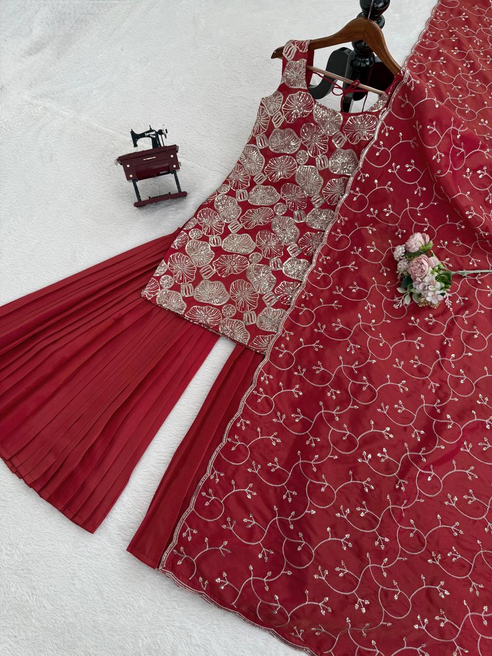 ✨ Traditional Red Sharara Suit with Handwork