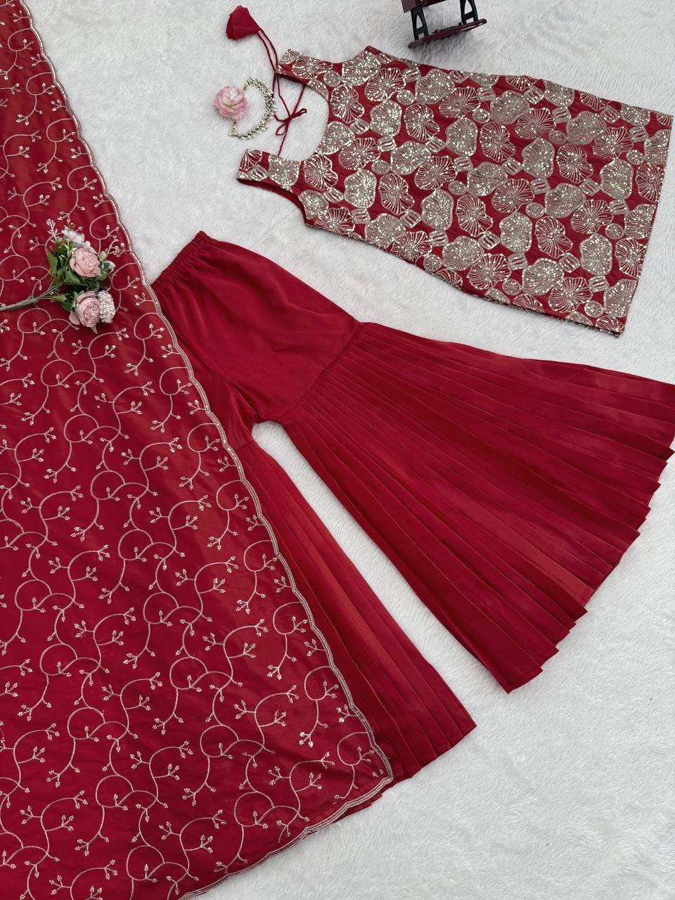 ✨ Traditional Red Sharara Suit with Handwork