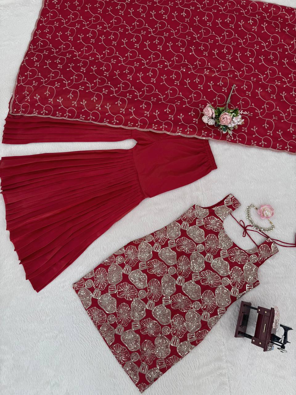 ✨ Traditional Red Sharara Suit with Handwork