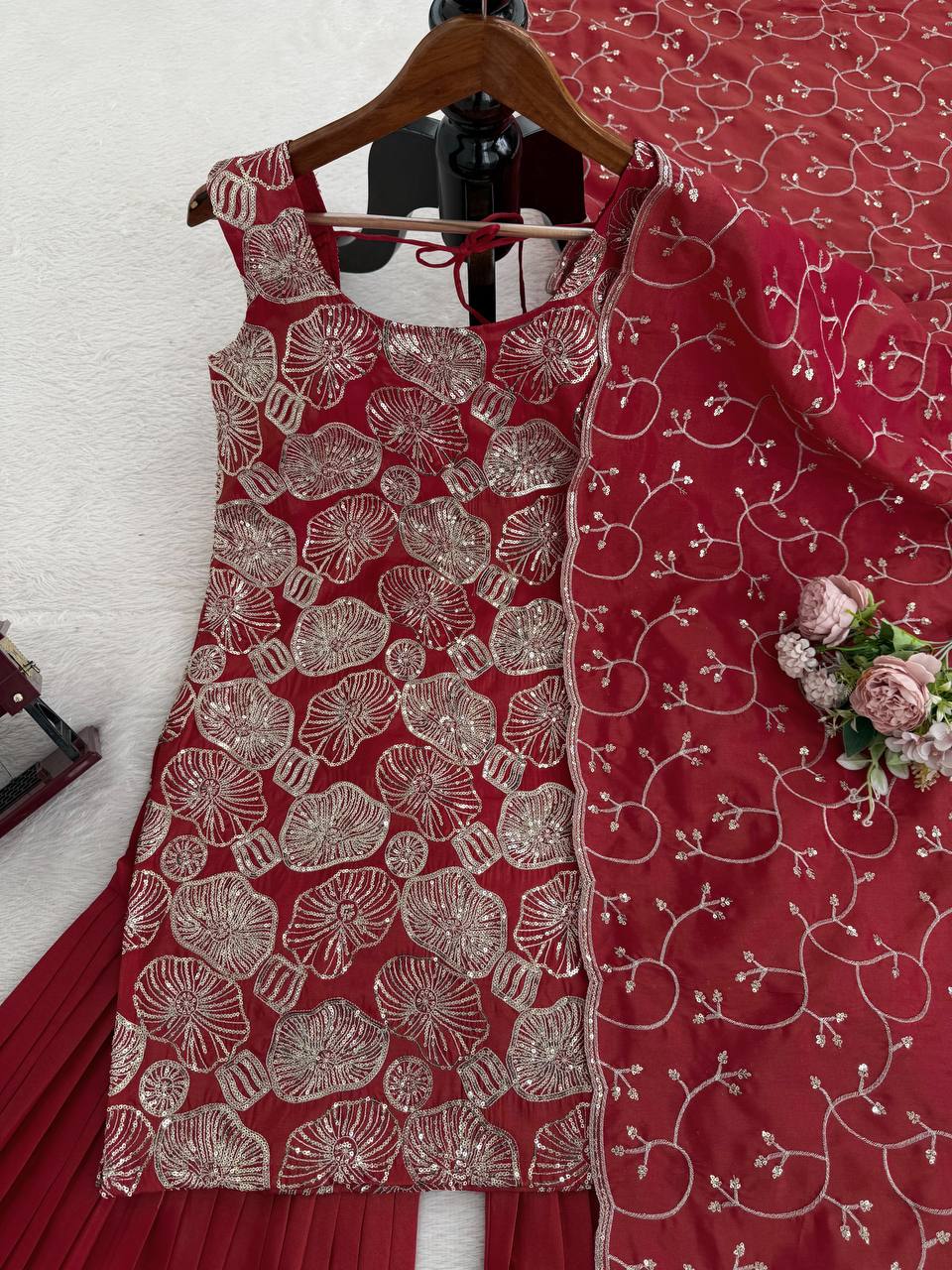 ✨ Traditional Red Sharara Suit with Handwork