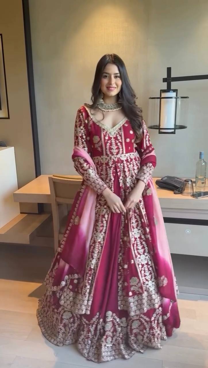 ✨ Maroon Sequence Embroidered Lehenga with Dupatta