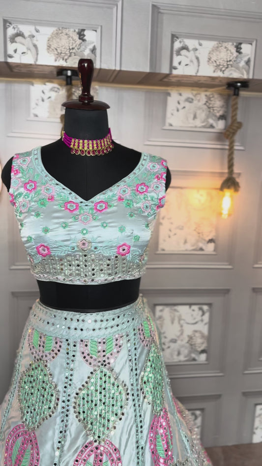 ✨ Exclusive Malai Satin Silk Real Mirror Embroidered Lehenga-1572 ✨